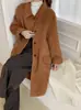 Abrigo de lana de doble cara estilo bosque otoño e invierno de un solo pecho versión suelta ancha solapa longitud media chaqueta de lana gruesa