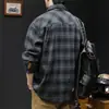 Camisa de manga comprida xadrez escovado estilo retrô japonês de alta qualidade para homens, adequada para primavera e outono, casual, modelagem solta, jaqueta de trabalho pesada