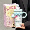 Taza térmica linda de gato KT, una taza de café elegante para mujeres, con asa y popote, hecha de acero inoxidable 316