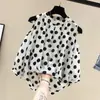 Camisa de Chiffon Feminina Plus Size Verão Novo Estilo Irmã Gorda Solta Mostrando Cobrindo Barriga Manga Curta Polca Ponto Ombro a Ombro