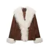 ZA Jaqueta Casaco Retro Transfronteiriça tipo Camurça Feminina Pele Sintética Gola Grande Punho Retalhos Curta Outono Inverno Top