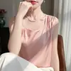 Camisola Nueva de Satén Sedoso con Cuello de Pedrería Color Sólido sin Mangas de Manga Larga para Mujer