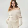 Top de punto tipo bandeau de un solo hombro de cachemir y seda para mujer, suave, delicado, holgado, sexy, adelgazante, top suéter