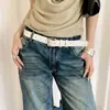 Cinturón Negro Estilo Vintage de Alta Gama con Bordes Cosidos, Hebilla Metálica y Acentos Decorativos para Mujer, Adecuado para Combinar con Jeans