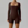 Mono de Estilo Nuevo Europeo y Americano Pantalones Cortos de Melocotón Manga Larga Ajustado Mono Corto para Mujer Pantalones Deportivos de Yoga Fitness
