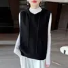 Colete de tricô com capuz feminino, casual e moderno, 100% lã pura, novo suéter colete sem mangas versátil para outono e inverno