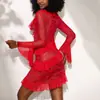 Vestido corto sexy Feiyun de encaje transparente con escote en V pronunciado, mangas con volantes, corte ajustado y diseño que realza la figura, vestido corto formal 1230
