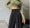 Traje blanco pantalones de pierna ancha para mujer primavera 2023 nuevo cintura alta drapeado suelto pantalones de mopa hebilla doble casual rectos