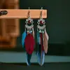 Brincos Longos de Pena Vintage, Brincos Bohemianos com Padrão Personalizado, Brincos para Viagem de Férias, Dropshipping