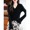 26 Suéter de punto acanalado con cuello en V Otoño/Invierno, jersey holgado de manga acampanada para mujer, top elegante para llevar debajo