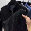 Chamarra de polar para hombre, polar de doble cara, color liso, sudadera abierta al frente, chamarra de invierno cálida y casual para hombre con cuello alto
