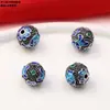 Anillo doble de plata de ley S925 con fragancia floral de canto de pájaro, accesorios de florecillas, cuentas de bola azul quemado retro antiguo, materiales para manualidades DIY