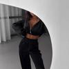 Conjunto de Dos Piezas de Moda para Mujer de Primavera Casual para el Trabajo con Temperamento Elegante Top Corto de Manga Larga con Cremallera Combinado con Pantalones Largos Casuales