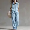 Conjunto de Top com Capuz Casual Soltinho Sem Mangas Multicor Novo de Verão de Marca Independente + Calça Wide Leg de Cintura Alta