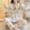 Pijama Feminino Relaxado para Primavera e Outono com Laço Preto, Gola Quadrada Franzida, Mangas Longas e Calças, Conjunto Fresco e Juvenil para Casa