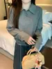 [Suéter de punto con hilo lavado y núcleo] Suéter de punto estilo coreano con cuello polo, corte holgado para mujer, otoño/invierno, capa base casual, corte holgado