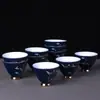 Tazas de Té de Cerámica Azul Pintadas en Oro, Juego de Té Kung Fu de 10 Piezas, Tazas de Maestro para el Hogar, Tazas de Degustación, Juego Individual de 6 Piezas