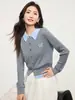 Cárdigan de punto trenzado gris falso de dos piezas para mujer, nuevo top estilo universitario con cuello polo, otoño 2026