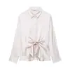 Atacado de Roupas Femininas Transfronteiriças Roupas Europeias e Americanas Outono Novo Estilo Gola Polo Textura de Cetim de Seda Camisa Francesa Decorada com Laço