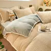 Conjunto de 4 Peças Jacquard Anti-estático Classe A Lã Leite Aconchegante Espesso Cobertor de Coral Fleece Adicionado Lã Inverno Roupa de Cama 4