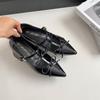 Cinto Fivela em T com Laço Salto Grosso Sapatos Mary Femininos Primavera 2025 Novo Estilo Chanel Couro Patente Bico Fino Boca Rasa Sapatos de Camada Única