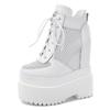 Sapatos para a Temporada de Primavera com Aumento Oculto de Altura de 16cm, Sapatos Plataforma Versáteis de Couro Genuíno para Mulheres, Sapatos Casuais com Cadarço e Solado Grosso em Malha