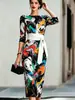 Vestido ajustado de manga tres cuartos con estampado fluido, cuello barco francés, cinturón para anudar, para mujer, Amazon Transfronterizo 2026