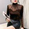 Camiseta de Fondo de Terciopelo para Mujer en Otoño e Invierno Top Sexy Europeo con Empalme de Malla Cuello Alto con Camiseta de Manga Larga Camisa Estilo Occidental
