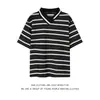 Camiseta Unissex Casual Retro Color-Block Listrada de Manga Curta com Gola Irregular Tendência Personalidade Jovem Versátil para Casal