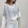 Estilo Transfronteiriço Decote V Fenda Tricô Protetor Solar Seda Gelo para Mulheres Outono Novo Solto Casual Estilo Estrangeiro Blusa Fina para Ar Condicionado