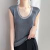 Camisola de Punto para Mujer Delgada Traje de Verano 2025 con Pedrería Base Cuello U Suelta Adelgazante Sin Mangas Top