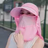 Chapéu de Sol Removível para Mulheres Verão Estilo Coreano Chapéu de Topo Vazio Aba Larga Anti-UV Chapéu de Sol para Ciclismo Chapéu com Máscara Facial