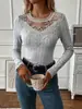 Novos Tops Femininos Amazon Europeus e Americanos Manga Longa Moda Outono Inverno Casual Decote V Renda