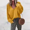 Deseo Nuevo Ebay Ropa de Punto para Mujer Europea y Americana Cuello en V Manga Larga Color Sólido Punto Holgado Camisa Básica Top para Mujer