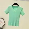 Camiseta de Manga Corta con Cuello en V, Tejida, Blanquinegra, de Seda Helada, para Mujer, Tendencia Verano, Ajustada, para Usar como Capa