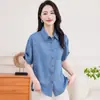 Foto Real da Camisa Jeans Estilo Francês Lyocell Toque Fresco, Nova Camisa Feminina de Verão Solta de Manga Curta