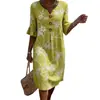 En Stock Amazon Transfronterizo Moda Mujer Nuevo Estilo Cuello en V Botones Estampado Floral Casual Algodón y Lino Vestido