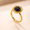 Joias de Aço Titânio Mais Vendidas no Exterior, Anel de Moda Retrô Banhado a Ouro 18K com Design de Flor Soldada e Pedra Natural Anel de Aço Inoxidável