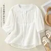 Blusa de ramio bordada artística con cuello redondo, blusa de algodón y lino para madres, mangas de tres cuartos, camisa de lino holgada y ligera para mujer