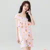 Conjunto de verão feminino de algodão e seda, shorts finos de manga curta, roupa casual para casa, pijama com babados, pode ser usado na rua, anti-mostra-imperfeições