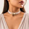 Collar de cuentas geométricas retro de moda francesa, diseño simple turquesa multicapa, cadena larga de aleación para clavícula.