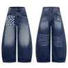 Jeans de Cintura Alta Estilo High Street Americano com Estampa de Estrela e Barra Curva para Homens, Novo Modelo de Primavera, Calça Longa Casual Solta com Textura de Bambu Desgastada para Mulheres