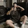 Pijama masculino de seda jacquard bicolor em três peças, conjunto de malha de seda gelada de manga curta com modelagem solta para primavera-verão