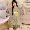 Pijama de verano para mujer con sujetador incorporado, tejido ligero tipo algodón, nuevo estilo 2026, conjunto de shorts y manga corta, adecuado para usar tanto en interiores como en exteriores
