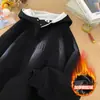 Sudadera con Capucha de Color Azul Marino, Botones, Cuello Semi Alto para Hombres y Mujeres, Otoño e Invierno, Forrada de Polar, Engrosada, Estilo Americano, Pesada, Rígida, Chaqueta Casual