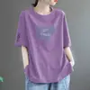 Top elegante de mujer de corte holgado, longitud media, camiseta de algodón informal de manga corta para verano estilo europeo, camiseta estampada versátil nueva 2024
