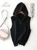 Colete Tricotado com Capuz Novo Estilo Cardigã com Zíper Roupa Externa Curta Feminina Suéter Jaqueta Sem Mangas Solto Top para Mulheres