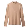 Nuevo Estilo de Principios de Otoño Camiseta de Manga Larga de Color Sólido con Empalme y Cuello Semiamorto Camisa Base para Mujer Ropa para Mujer Europea y Americana Abastecimiento con un Clic Fs441