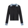 09/07 Novidade de OutonoEstilo College de Outono Temperamento Manga Longa Colorido com Blocos Gola Polo Slim Fit Malha para Mulheres F1503