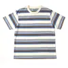 Nova Camiseta Casual Versátil Listrada Retrô Americana Colorida Listrada de Manga Curta Camiseta Unissex Top de Verão